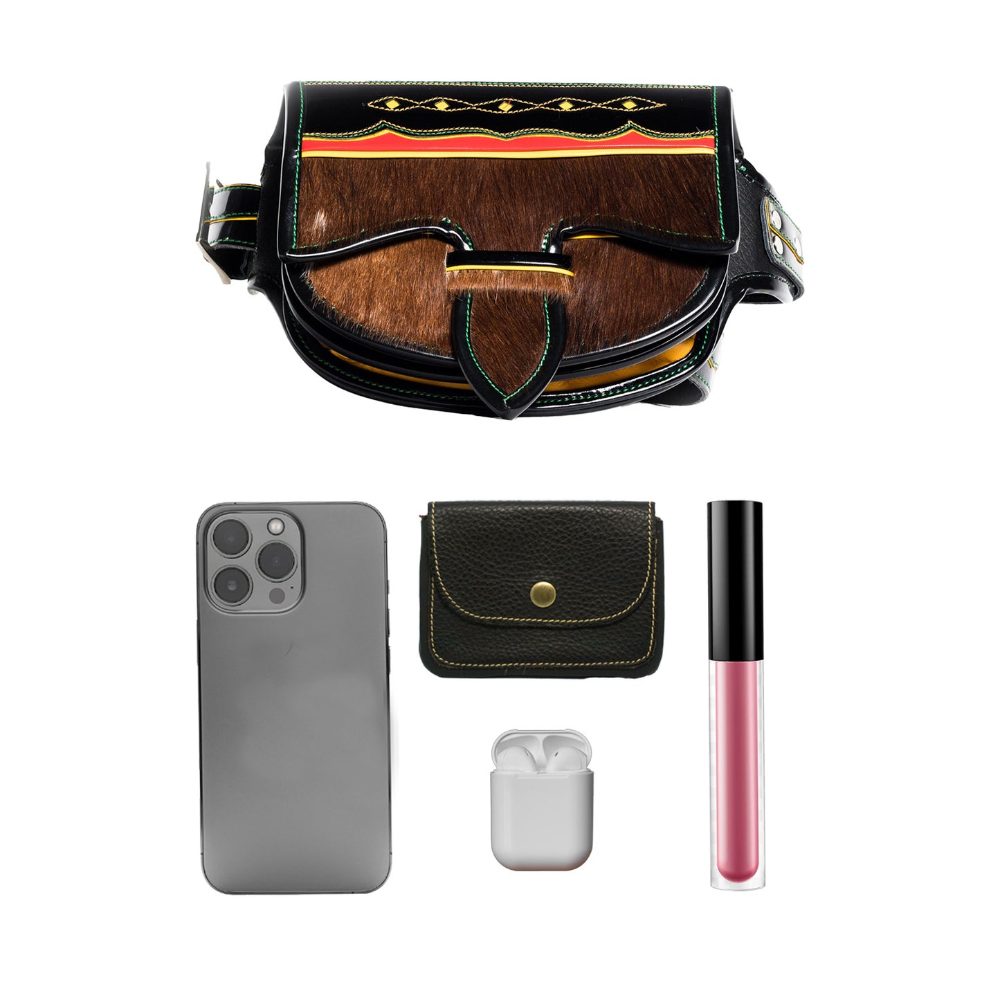 Collection of items including a phone, wallet, airPods case, and lip gloss on a white background and a leather cowhide belt bag. what can fit in the bag.
