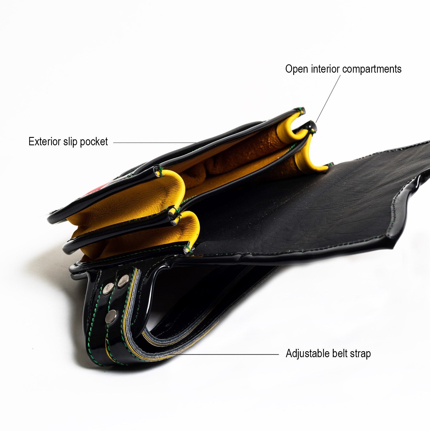 Black leather wallet with open interior compartments, exterior slip pocket, and adjustable belt strap on a white background.