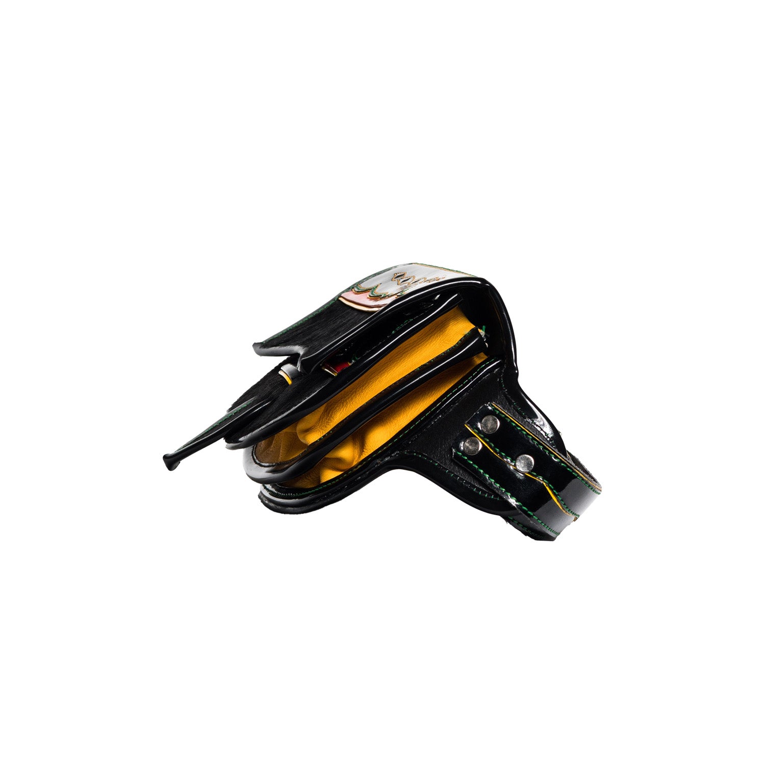 Black leather belt bag with yellow interior on a white background
