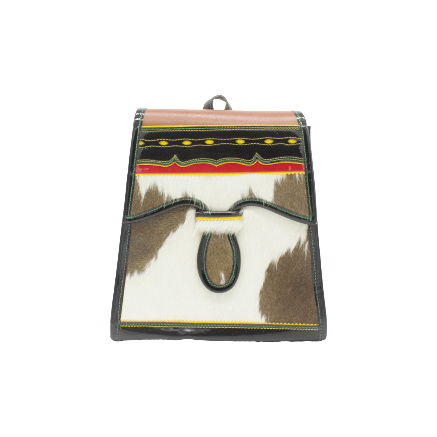 leather cowhide backpack with a unique pattern on a white background