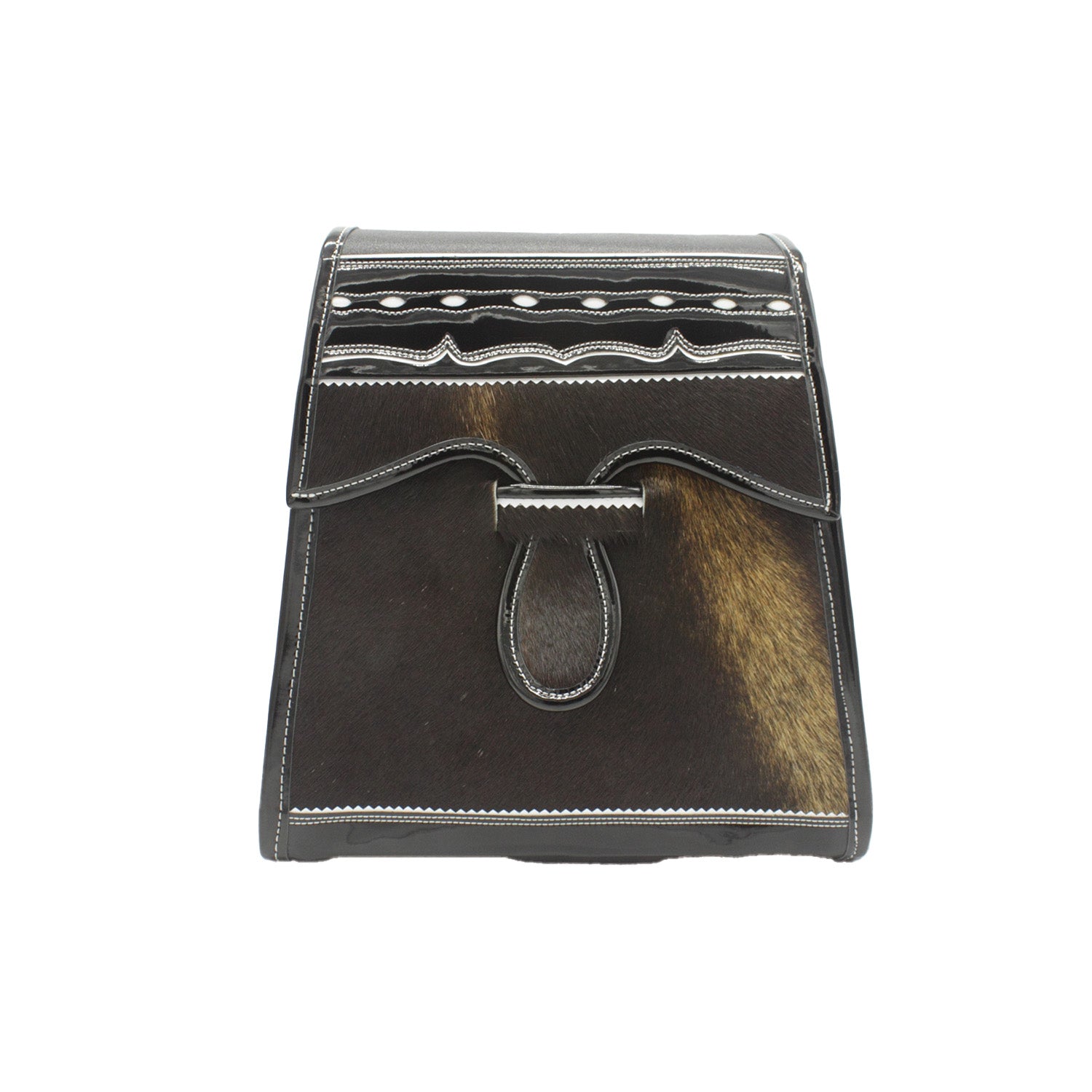 leather cowhide backpack  with black patent leather and brown fur on a white background