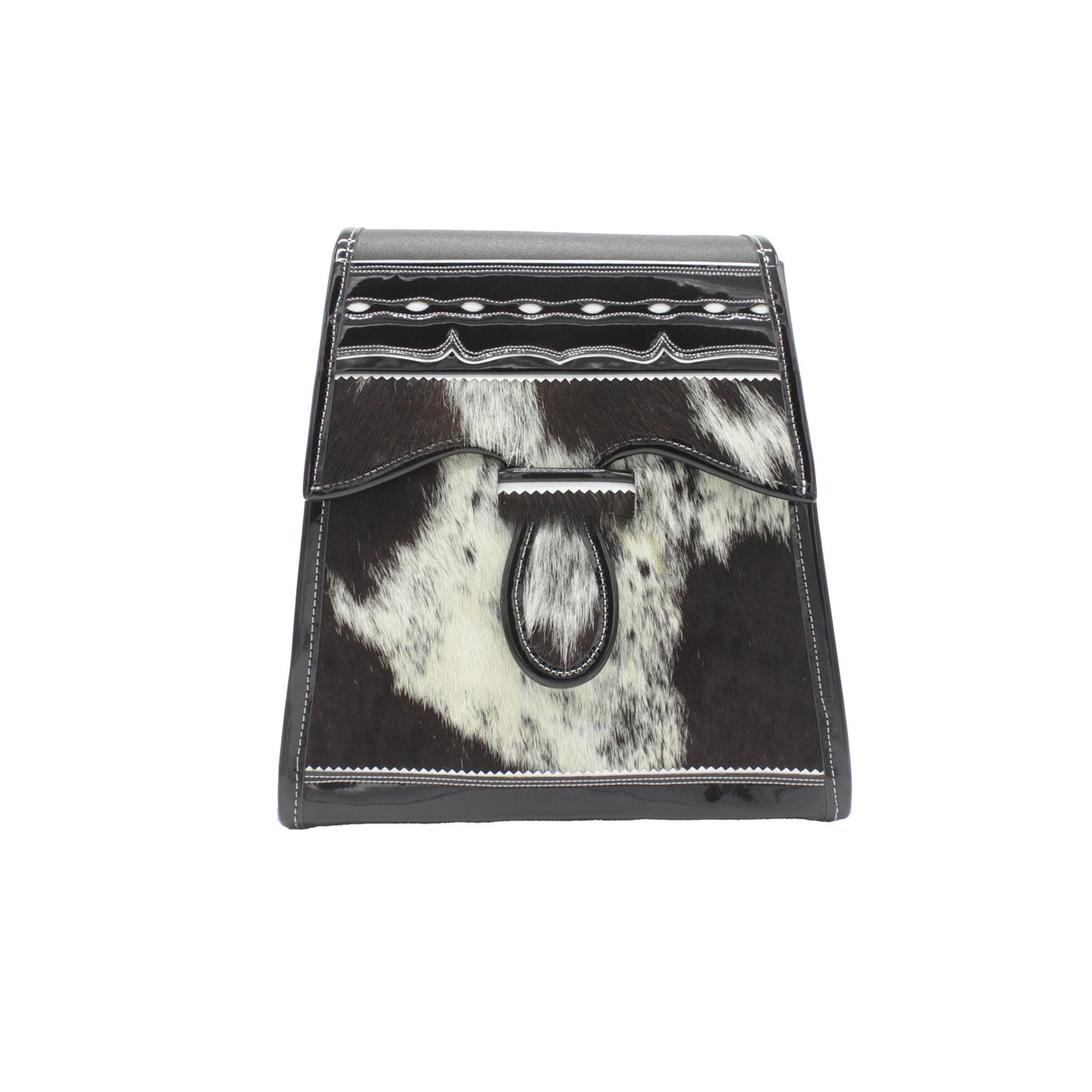 Handbag with black and white cowhide pattern on a white background