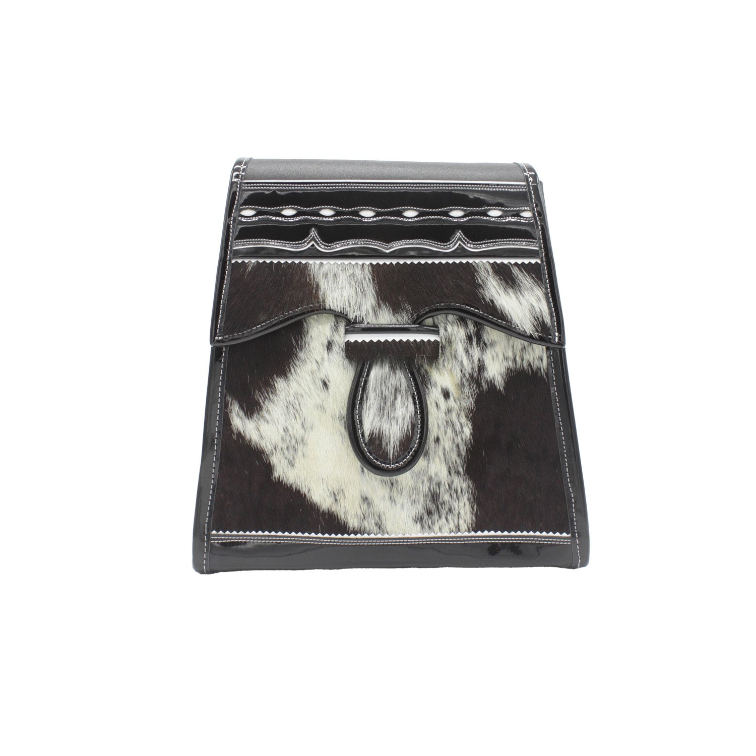 Handbag with black and white cowhide pattern on a white background