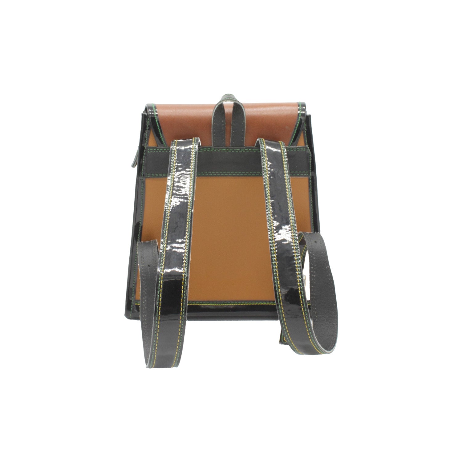 leather cowhide Backpack with brown front panel and silver straps on a white background