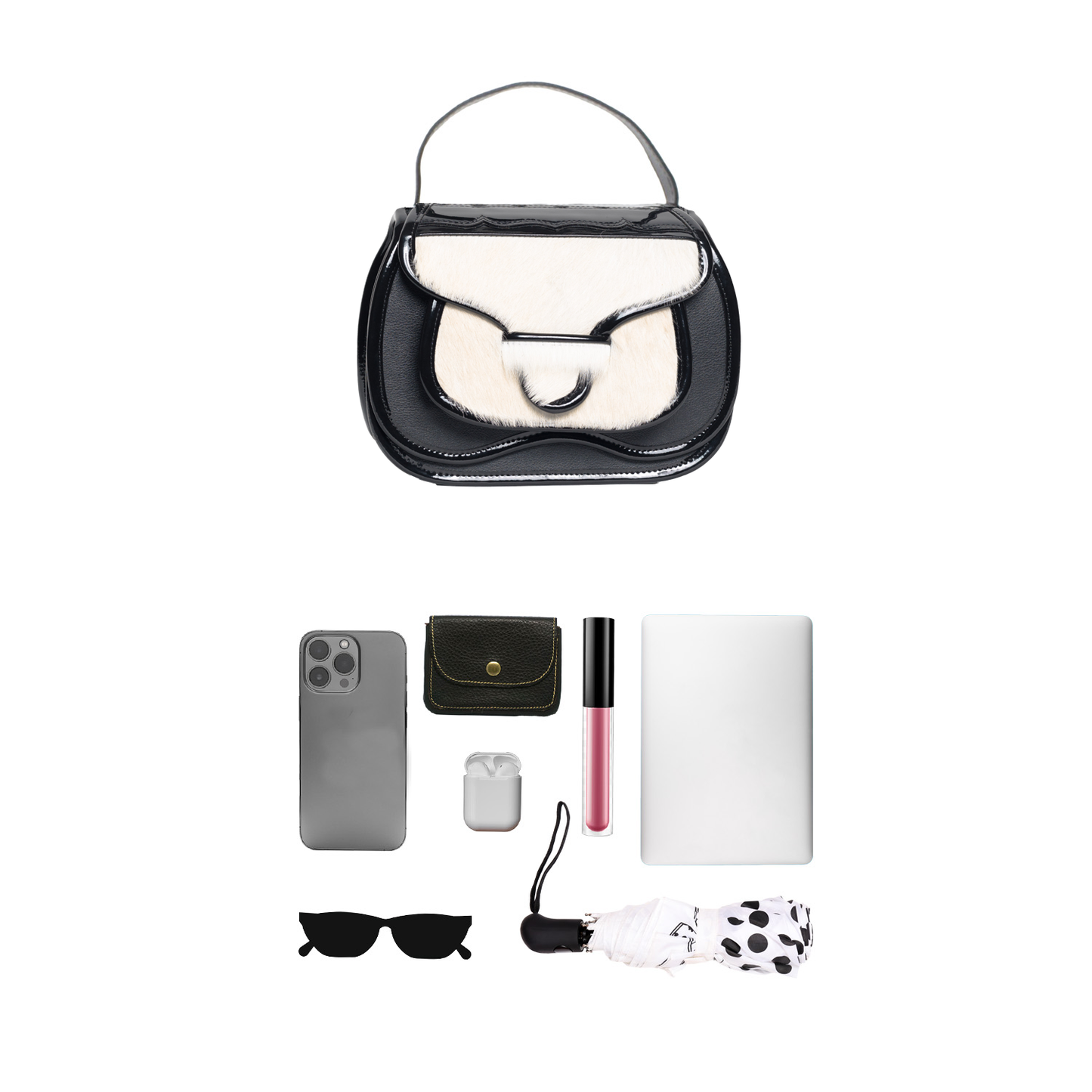 El Carriel Moderno Top Handle Crossbody Leather Cowhide Bag, Black & White