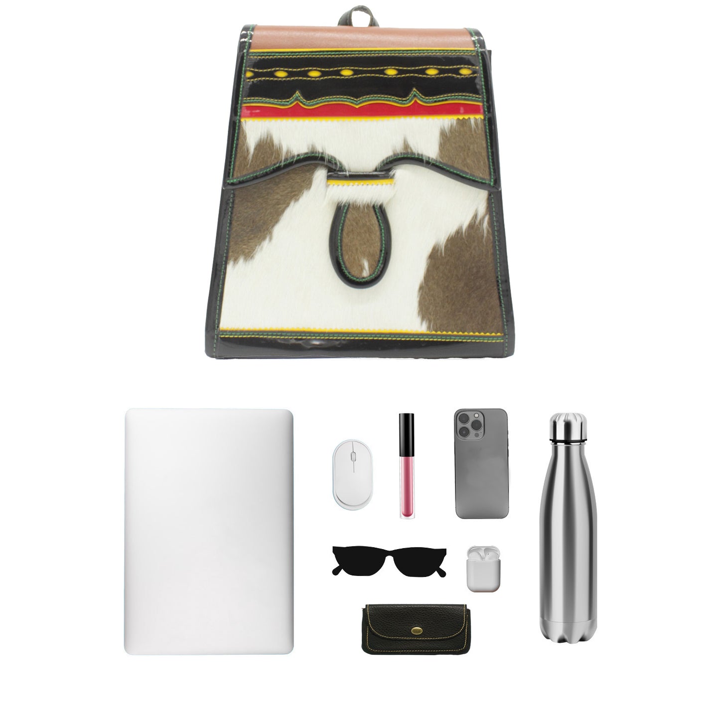 Collection of small items including a phone case, mouse, lip gloss, and water bottle on a white background.